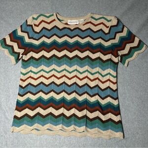 Alfred Dunner Vintage Chevron Zigzag Knit Short Sleeve Sweater Top Multi Color L